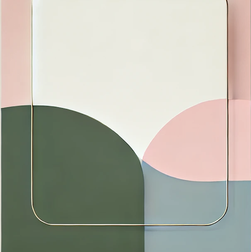 Minimalistic art with rounded corners featuring green, pink, and blue shapes